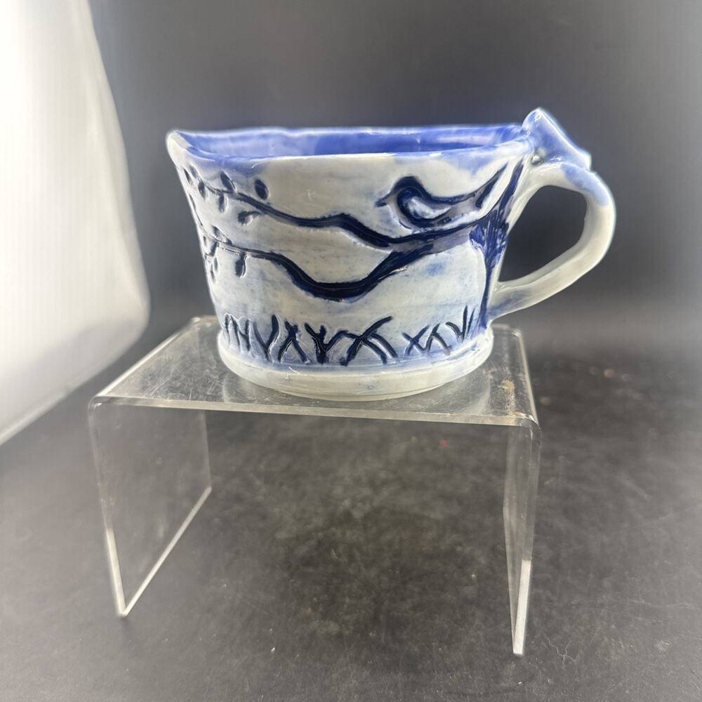 Studio Art Pottery Mug Signed Hand Painted Stoneware Blue Bird Coffee Cup